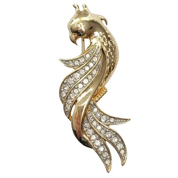 Van Dell Gold Tone Clear Rhinestone Parrot Bird Brooch, Signed